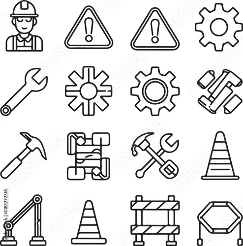 A modern construction icon set in a clean, black and white line art style on a white background