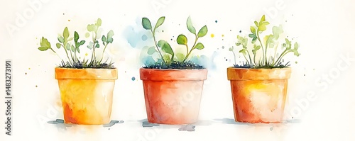 Three potted herbs grow. Watercolor art