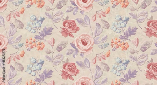 Pastel Floral Seamless Pattern, Vintage Roses and Berries
