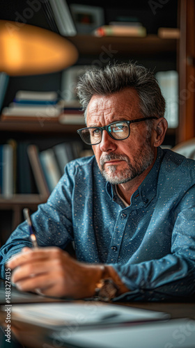 A thoughtful middle-aged man with glasses sits at a desk, writing, surrounded by bookshelves in a cozy, warmly lit office.
