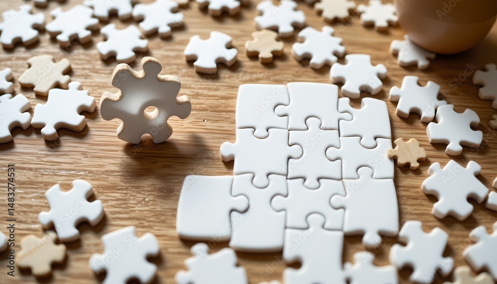 Fototapeta premium a blank jigsaw puzzle spread on a neutral wood table