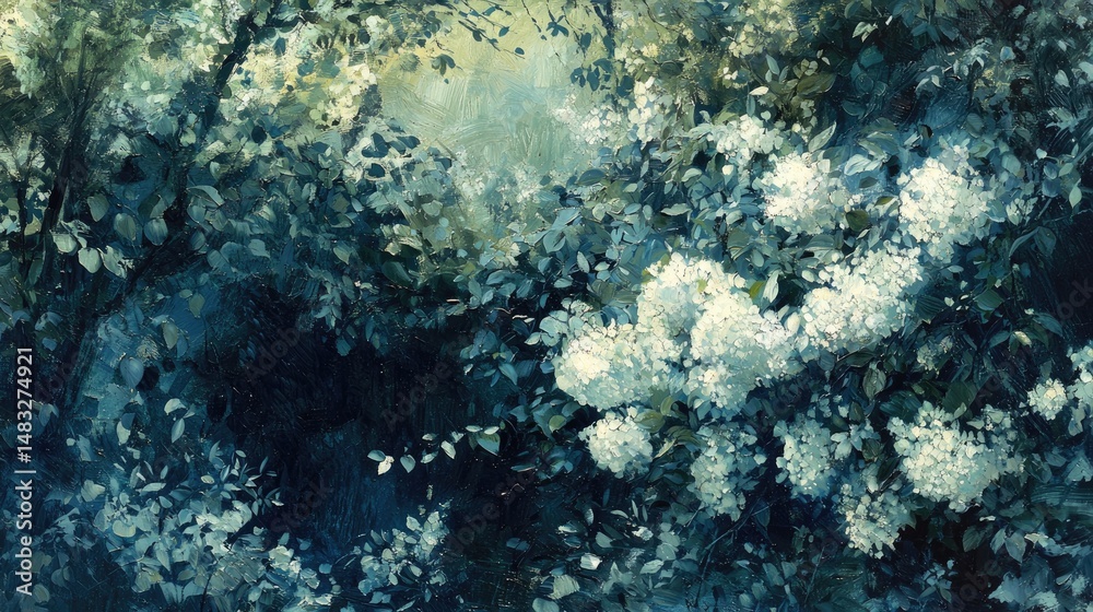 Fototapeta premium Softly lit, lush garden scene with white flowers.