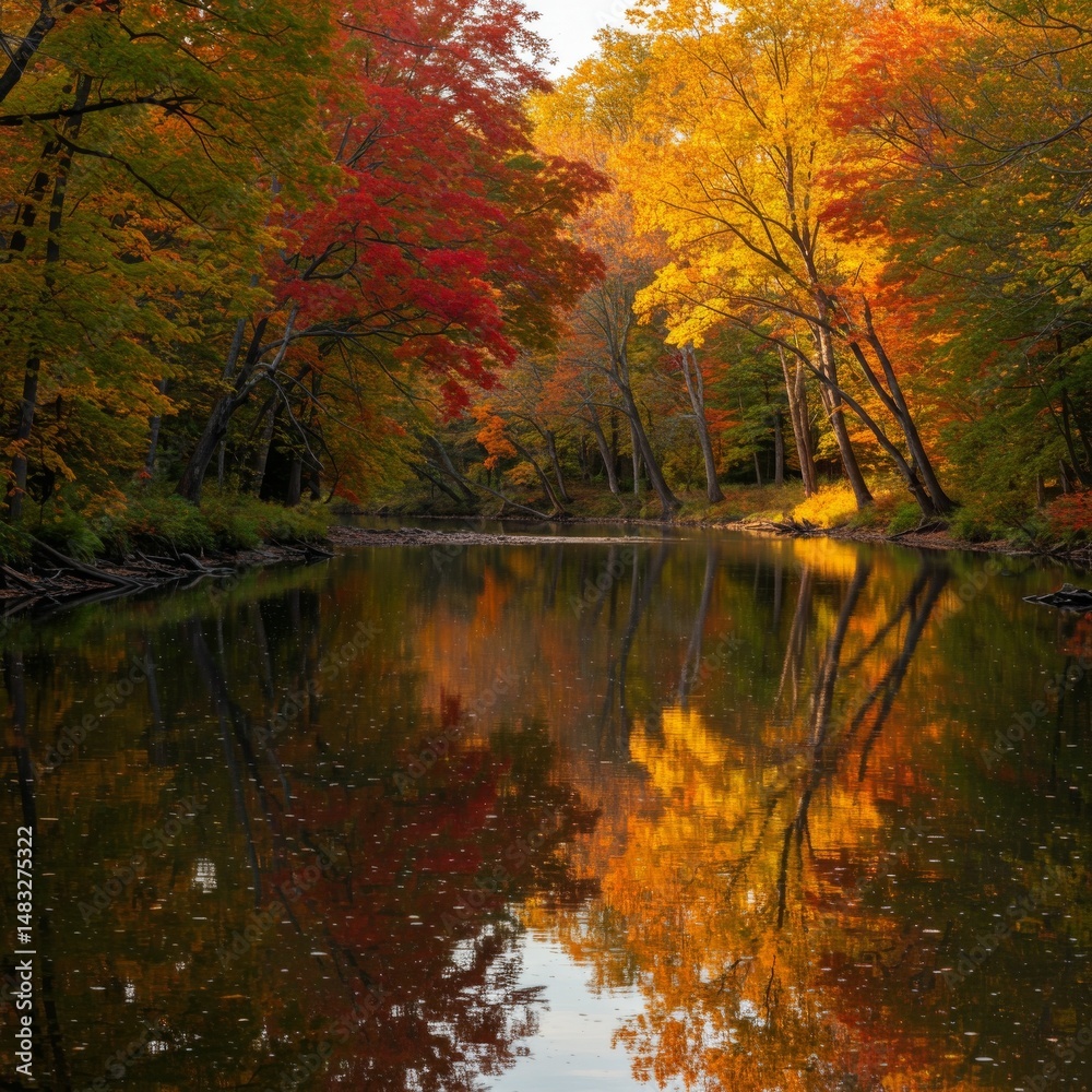 Obraz premium Autumn River Reflection: Red And Gold Fall Foliage