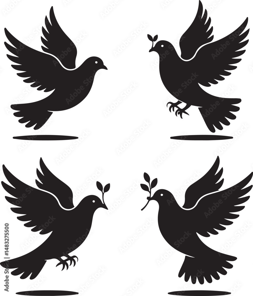 Fototapeta premium A symbolic vector illustration set of black dove icons on a white background