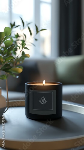 A realistic candle label printer mockup with a branded logo, placed on a table