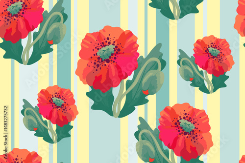 Poppy flowers in a seamless pattern. Can be used as fabric, wallpaper, wrapping. Vector

