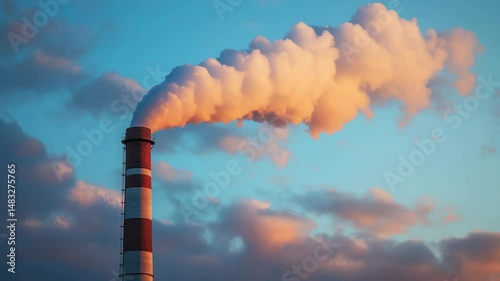 Industrial factory smokestack emitting large clouds of smoke into colorful evening sky, symbolizing pollution, global warming, climate crisis and environmental impact
