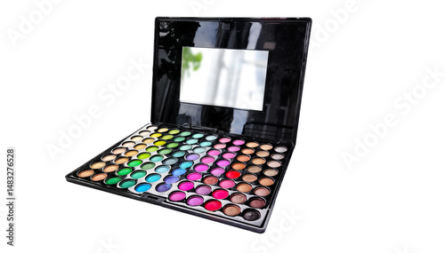 large colorful eyeshadow palette with a mirror, featuring a wide range of vibrant shades isolated on transparent background PNG, perfect for makeup tutorials, beauty content