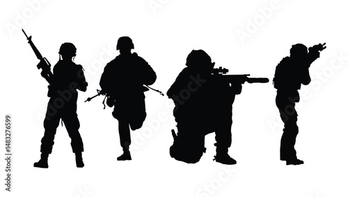 Silhouette of Armed Soldiers in Tactical Military Poses