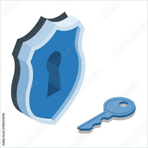 Protection concept. Sensitive information safety, security, account protect. Identity to access data. Flat vector illustration. Shield protected icon with key simple 3d illustration. 2391
