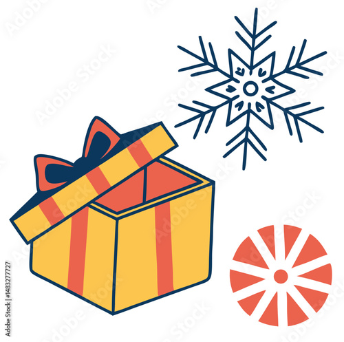 Festive vector illustration featuring christmas gift box snowflake and holiday decorations