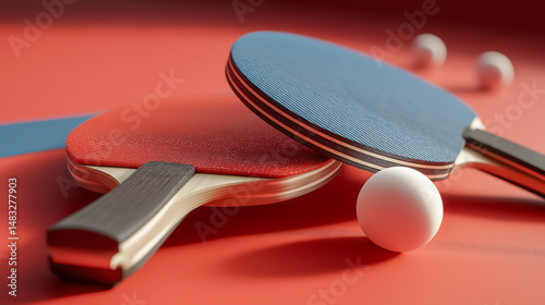 Table tennis paddles and white ball placed on red surface with hard shadow, ideal for sports ads, indoor activity promotion or hobby visuals
