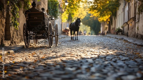 Autumnal cobblestone street scene with horse-drawn carriage.