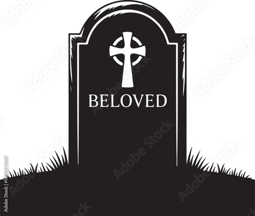Illustration of a cemetery with a grave and a cross symbol, featuring religious elements like a church