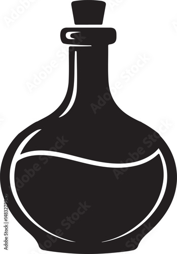 Black silhouette of a potion bottle with a cork, representing magic, witchcraft, and mystery in minimalist vector style