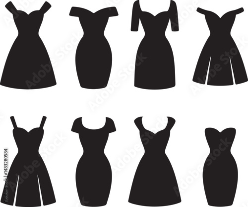 A stylish vector collection of black dress silhouettes arranged in two neat horizontal rows on a white background