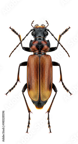 Iridescent brown beetle poised on white backdrop photo