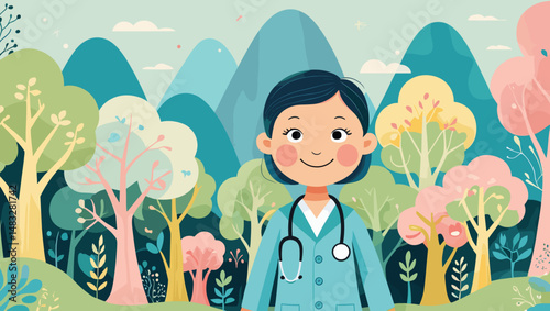 Cheerful female doctor with stethoscope standing in a colorful forest background, happy atmosphere