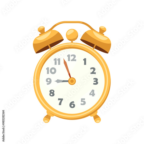 Classic twin bell table alarm clock with ringing tops. Vector icon of retro wake up timepiece for snooze or sleep alert. Round ringing timepiece, desk clockface. Twit bell and timer. Punctuality.