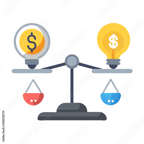 Balance Scale with Dollar and Idea Icon Representing Financial Decisions and Value of Innovation