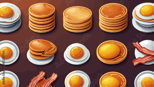 Breakfast food assortment with pancakes, eggs, and bacon on dark background, hearty meal concept, copy space