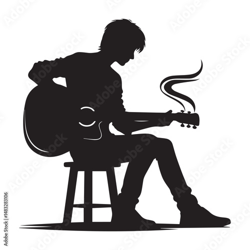 silhouette of a person playing guitar, simple black and white editable vector
