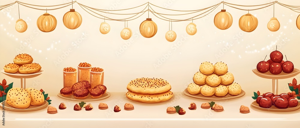 A table with a cake, donuts, and other pastries A table with a cake, donuts, and other pastries