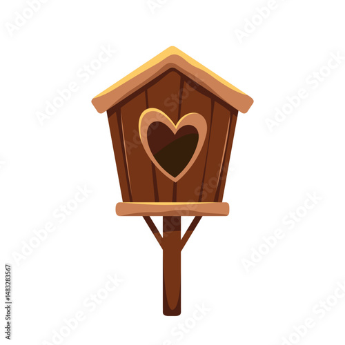 Vector clipart of wooden birdhouse. Nesting shelter or startling box for garden, backyard environment. Home with heart entry hole, wood house for flying animal. Handmade feeder for yard. Aviary fauna.