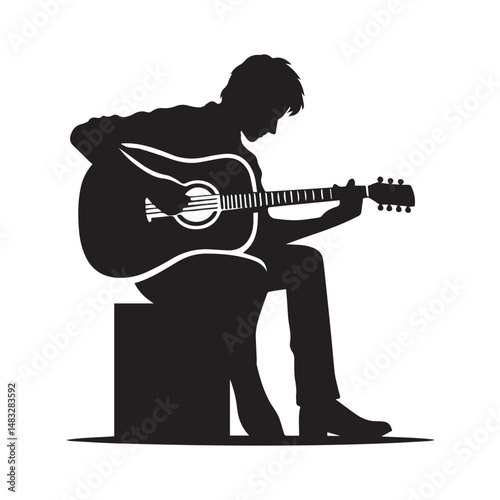 silhouette of a person playing guitar, simple black and white editable vector