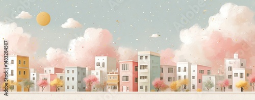 Smart Grid Cityscape imagined as a pastel minimalistic illustration with wide negative space, floating buildings, and dotted sky elements