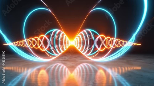 Vibrant Colorful Sound Waves Design with Glossy Floor Reflection and Dark Background