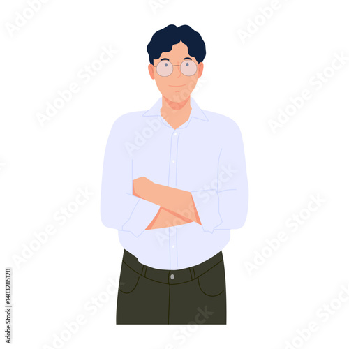 Man standing with arms crossed, smiling. confident, smart, has a positive attitude and is a leader. Vector illustration isolated on white background.