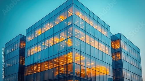 Modern glass office building at twilight