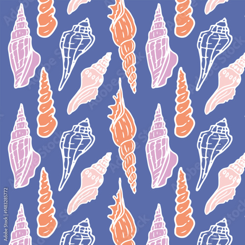 Hand-drawn colorful vector pattern with seashells.  Color shell on blue background. Nautical style for background, textile, packaging