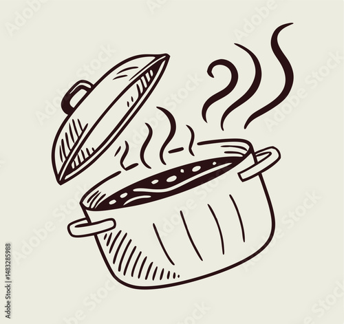 Hand drawn illustration of a cooking pot with steam coming out showing delicious meal.