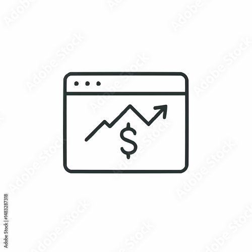 Outlined browser window with a chart arrow and a dollar sign — clean representation of web advertising ROI.