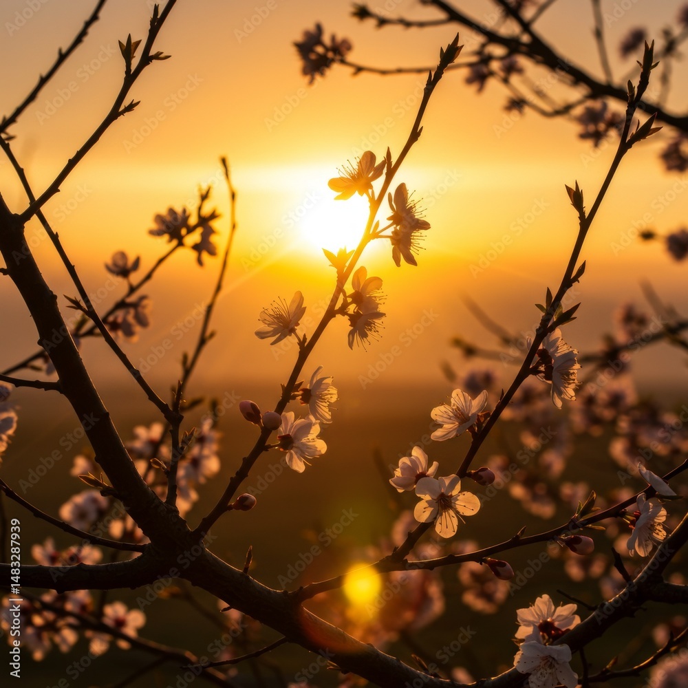 Obraz premium Sunrise Blossom: Delicate White Flowers And Golden Hour Light