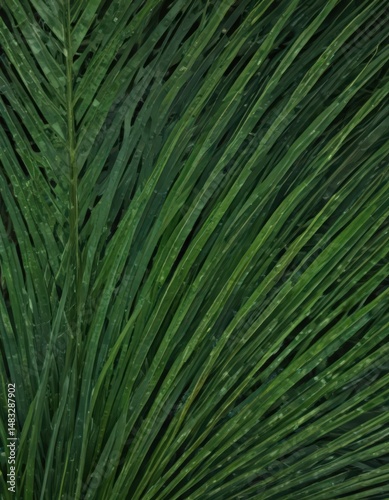 Deep green palm frond, intricate vein pattern, sharp focus,  lush,  texture