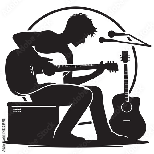 silhouette of a person playing guitar, simple black and white editable vector