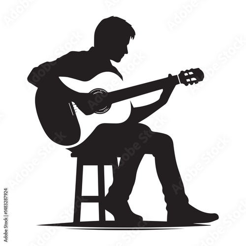 silhouette of a person playing guitar, simple black and white editable vector