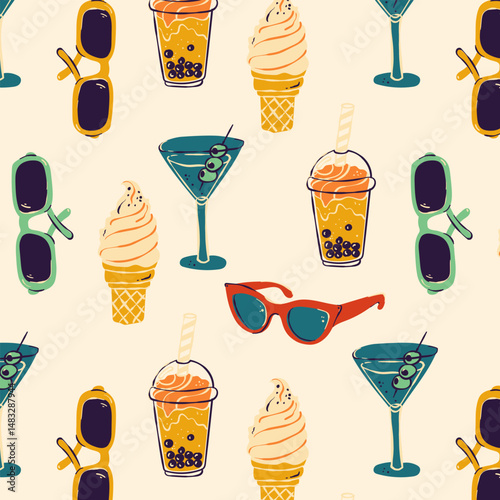 Summer pattern, vacation mood. Mediterranean wallpaper, cute geometric design, textile, background, paper. Vector hand drawn art