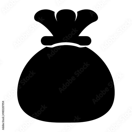 Minimalist graphic illustration of a black money bag or sack, icon