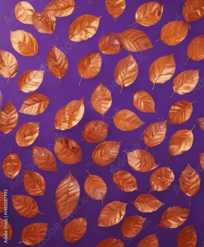 Dry orange metallic leaves, violet backdrop Geometric leaf pattern , floral, metal