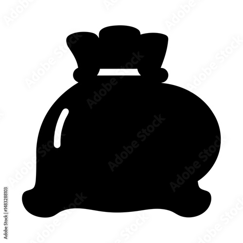 Stylized silhouette of a sack or bag, with a gathered top and contents