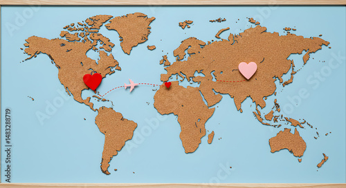 Cork World Map with Heart Pins and Plane on Light Blue Background Travel Concept