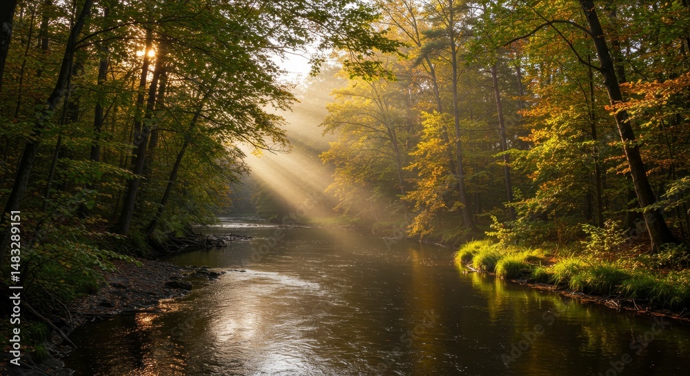 Tranquil River Through Autumn Forest at Sunrise - Serene autumn scene, sun rays filtering through trees, reflecting on a calm river. Symbolizing peace, nature, tranquility, golden autumn, and renewal Tranquil River Through Autumn Forest at Sunrise - Serene autumn scene, sun rays filtering through trees, reflecting on a calm river. Symbolizing peace, nature, tranquility, golden autumn, and renewal