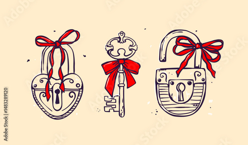 Coquette Valentine s day elements set decorated with coquette bows, ribbons. Key locks Elegant vintage cupid with bow. Hand drawn line art vector illustrations