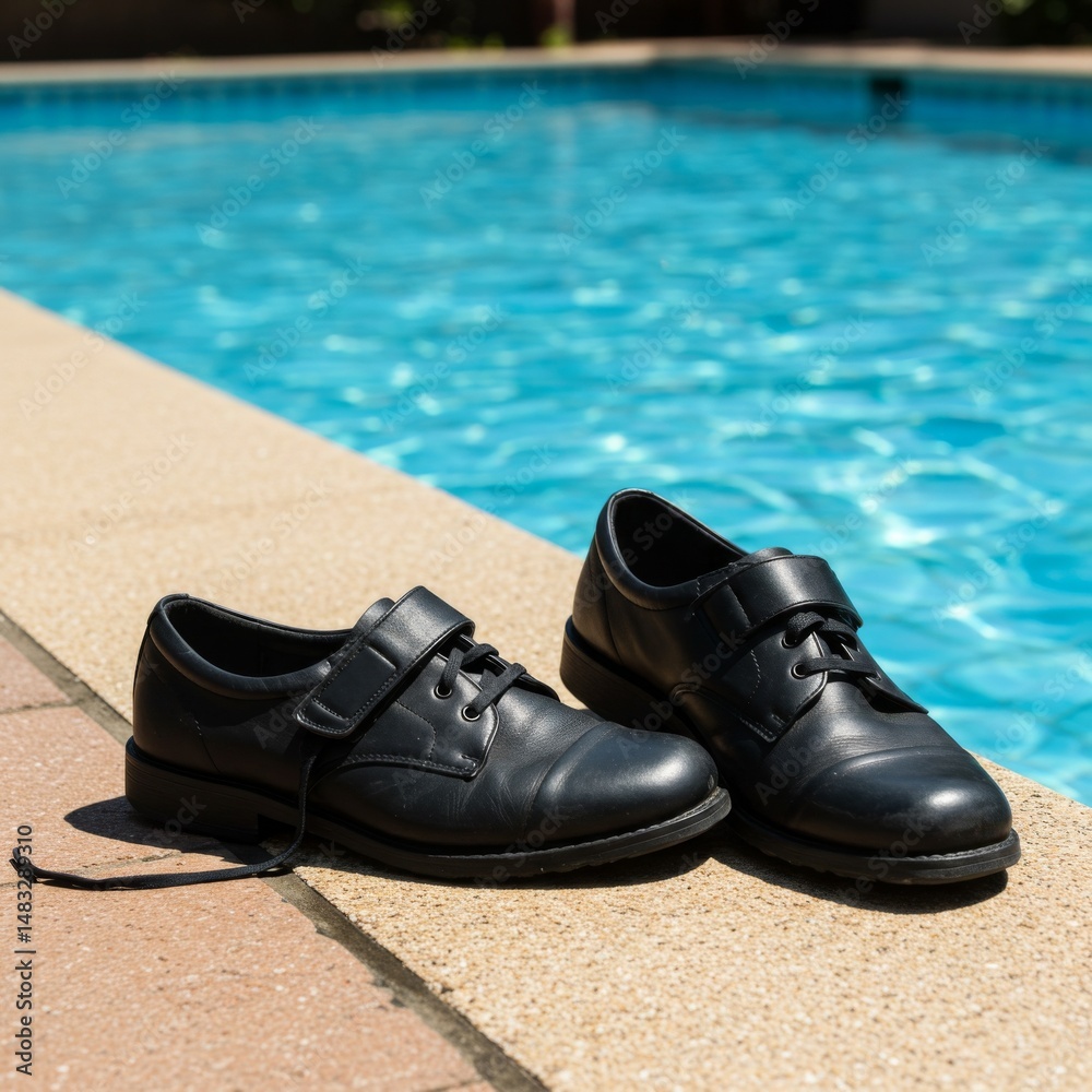 Naklejka premium Black Leather Child Shoes by a Pool
