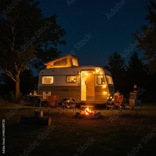 Vintage Camper Van at Night Campsite