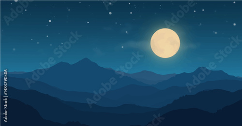 Full moon shining over mountains in a peaceful night landscape